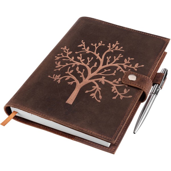 Refillable Leather Journal Lined Notebook - Embossed Tree of Life, Handmade Genuine Leather Notebook for Men & Women with Pen Holder – Includes Premium-Milled A5 Lined Paper & Luxury Pen MOONSTER®