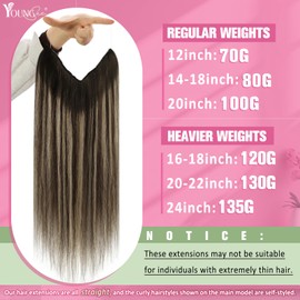YoungSee Wire Hair Extensions Human Hair Balayage Fish Line Human Hair Extensions Ombre Dark Brown with Ash Blonde Straight Wire Extensions Real Human Hair Softness Human Hair Extensions 14Inch 80G