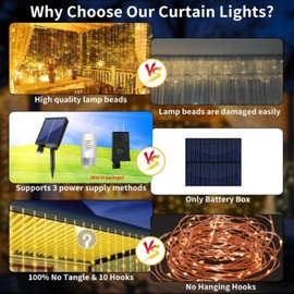Solar Curtain Lights Outdoor Waterproof 10 * 10Ft 300LED Waterfall Light with 8 Modes Remote Rechargeable Dimmable Hanging Twinkle Fairy String Lights for Outside Christmas Gazebo Party Wedding
