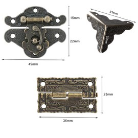 Wuuooei Vintage Wooden Box Hasp Hinges Corner Protection Kit, 2 Pieces Chest Lock Antique Bronze, 4 Pieces Hinges Antique Bronze, 16 Pieces Box Corner Protection with Screws, Antique Right Hasp for