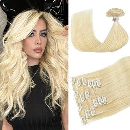 Ukira Platinum Blonde Hair Extensions for Women, 70g 15 Inch 7pcs Blonde Clip in Hair Extensions Real Human Hair, Soft Natural Straight Rallonge Cheveux Humain