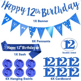 12th Birthday Decorations Banner Boy - Blue Number 12 Swirl Hanging Party Decoration Set with Pennant, Happy Birthday Banners and Sash for 12 Years Old Party Supplies