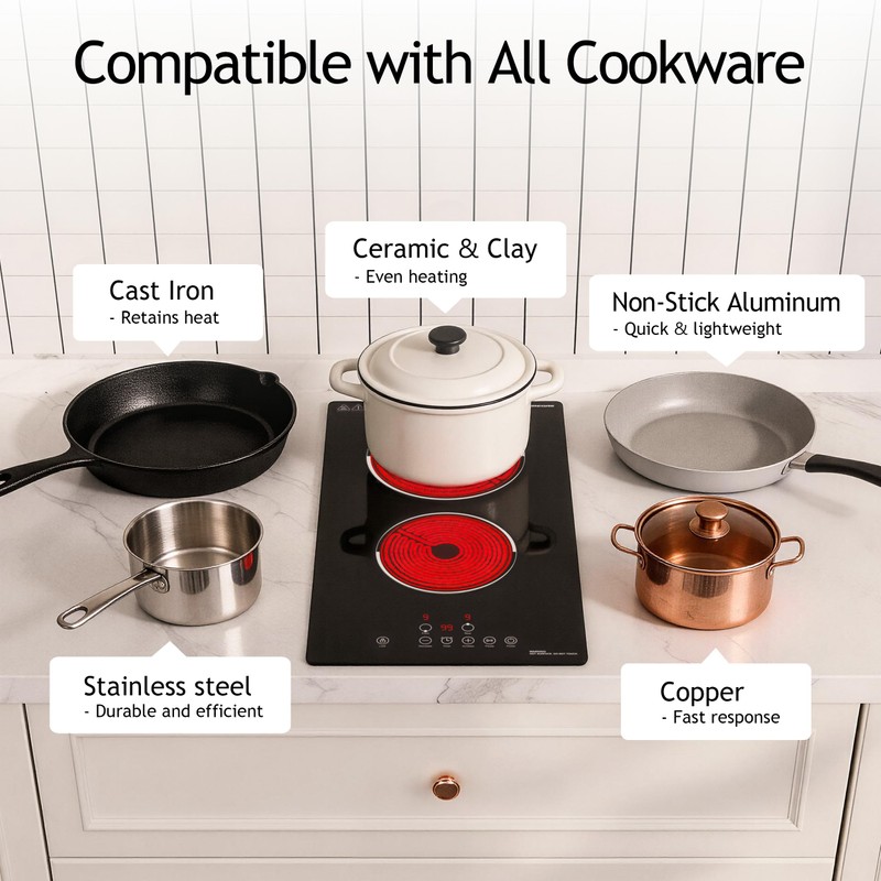 FIREGAS 12 Inch Built-in Electric Cooktop, 2 Burner 3000W, Hardwired