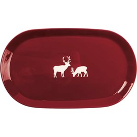 Primitives by Kathy Oval Platter - this red stoneware platter features a winter deer design, use a home décor accent or serving tray for guests