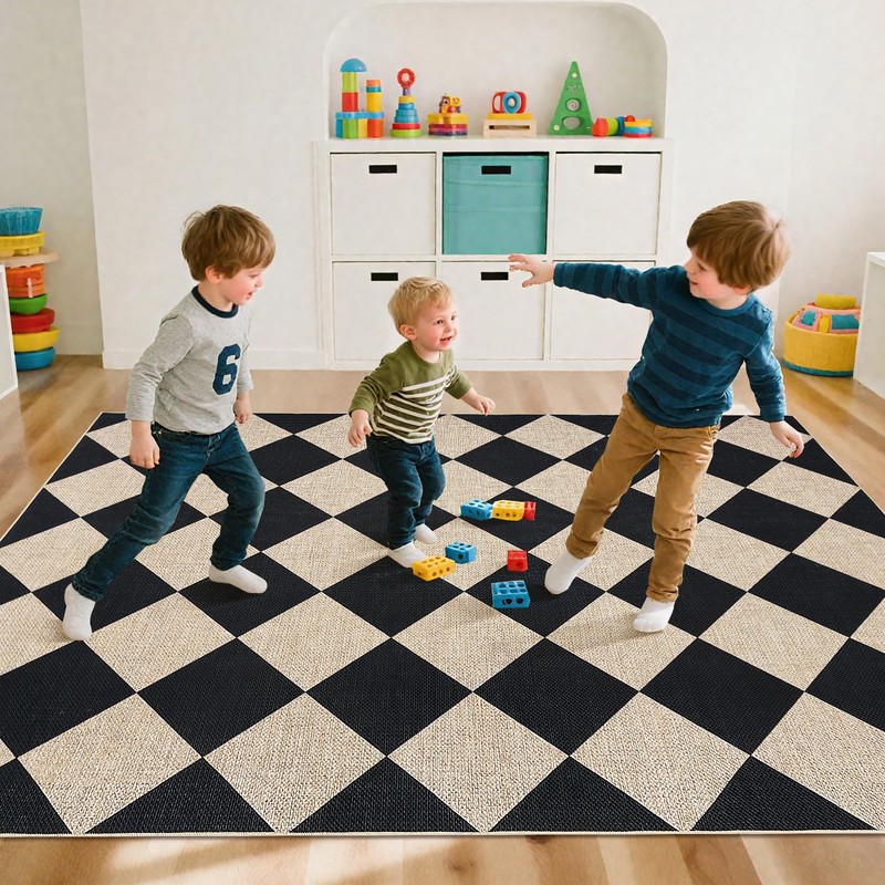 GarveeHome Checkered Easy Jute 3x5 Entryway Rug Machine Washable