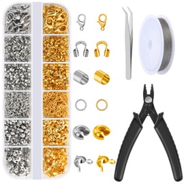 Acejoz 1200 Pcs Crimp Beads Kit for Jewelry Making, Acejoz Crimp Beads, Crimp Covers, Crimp Tubes and Wire Guardians, Lobster Clasps, Jump Rings, Crimping Pliers and Beading Wire for Jewelry Making