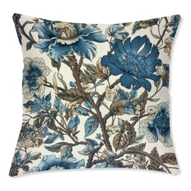 WoGuangis A Set of 2 Hamptons Style Teal Blue Floral Sofa Cushion Cover Chinoiserie Coastal Style Flower Waterproof Throw Pillow Japanese Asian Style Outdoor Toss Pillows for Garden 22x22inch