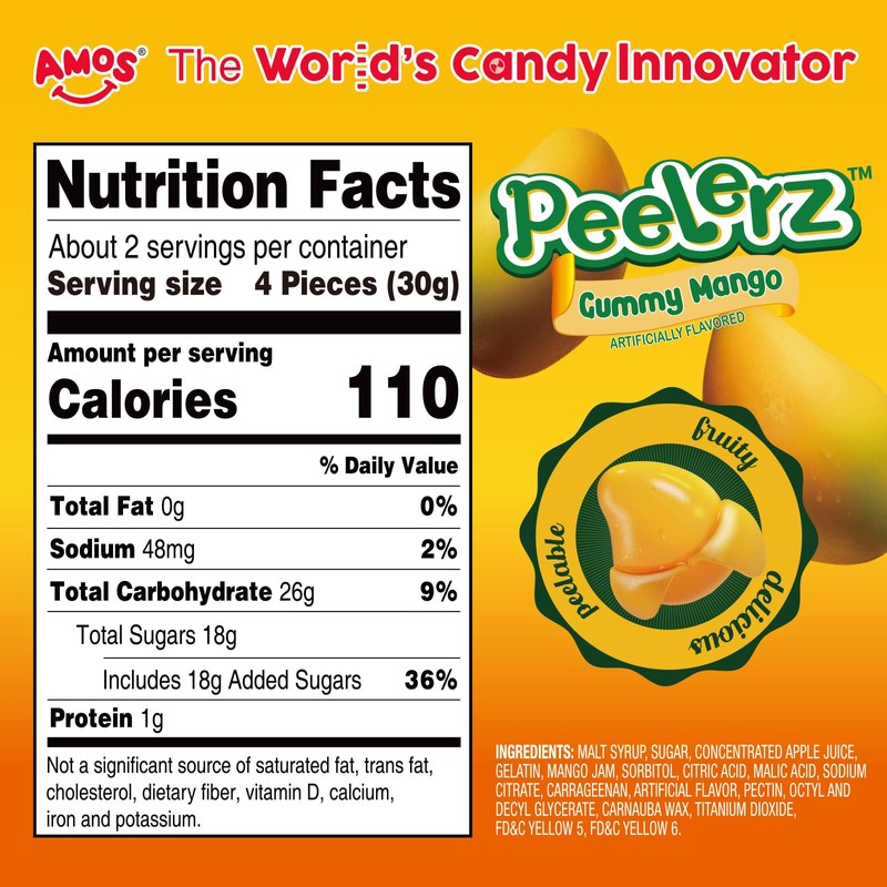 Amos Peelerz Mango Gummy, Peeling Mango Candy,Resealable 2.19oz Bag (Pack