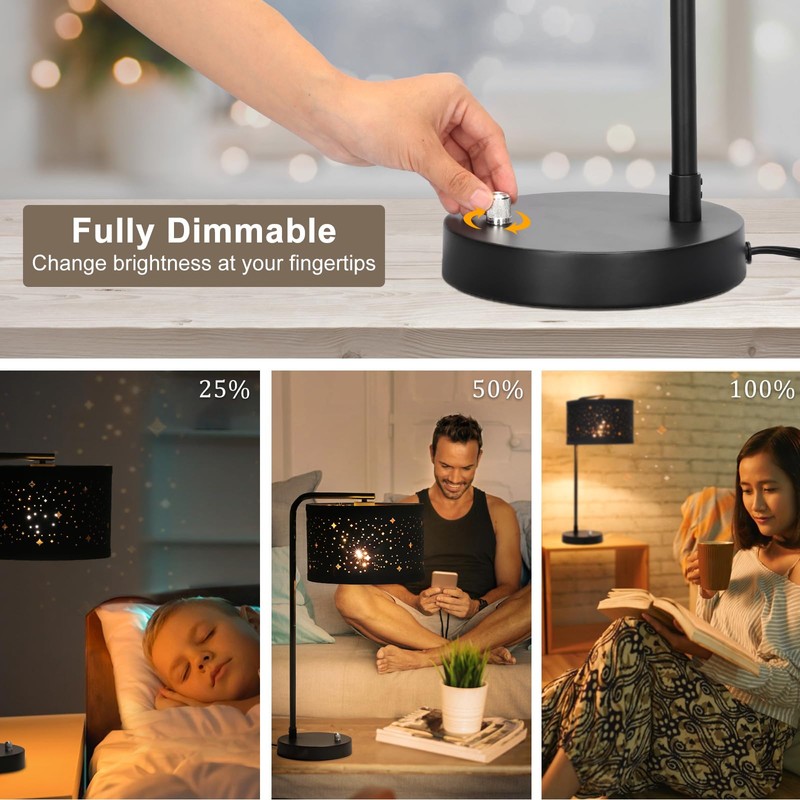 Bedside Table Lamp, Fully Dimmable Table Lamp with 2 USB