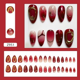 Mkwntg 30Pcs Red Press on Nails Medium Almond Fake Nails with 3D Gold Beads Star Design Red Ombre Full Cover False Nails Y2K Golden Line Glossy Stick on Nails Chrome Acrylic Glue on Nails for Women