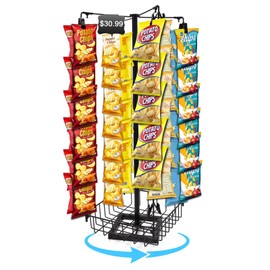 Bettoor Chip Rack Display Stand with Basket, 56 Clips Snack Retail Display Rack, 360°Rotation Black Chip Holder Candy Display Rack for Pantry, Party, Countertop, Concession Stand, Store