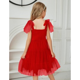 Arshiner Girls Dresses Summer Sleeveless Bow-Tie Straps Formal Fancy Party Birthday Tulle Dress Red Kids 7-8 Years