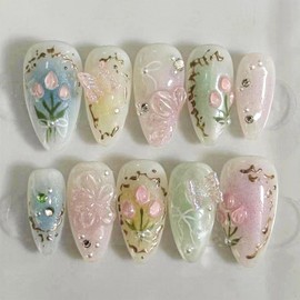 GlamRays 24 Pieces Colorful Press on Nails Medium Almond Fake Nails with 3D Flower Butterfly Design, Multicolored Gradient Acrylic Nails, False Nails, Stiletto