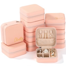 Quelay 10 Pcs Small Travel Jewelry Case with 3 Pcs Name Stickers, Portable Jewellry Organizer Box Display Storage Box for Rings Earrings Necklaces, Girl, Women, Mom, Wedding, Birthday(Pink)