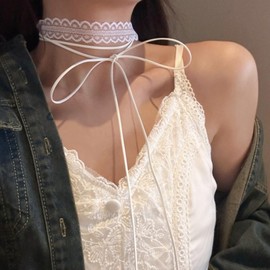 Lamerry Choker, Lace, Ribbon, Bowknot, Mine-based, Subcal, Y2k, Gothic, Long, Collar, Necklace, Cord, Double Layer, Accessory, Neck, Women's, White, Lace, No Gemstone