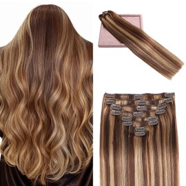 POGINJA Clip in Hair Extensions Real Human Hair, Remy Human Hair Extensions Clip ins for Women, 100% Natural Human Hair, Double Weftm, 24inch 120g 8Pcs, #4/27 Chocolate Brown to Honey Blonde