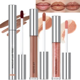 Wugbc Lip Stain Peel Off & Lip Gloss Set, Nude Brown Lip Liner Stain Tattoo with Nude Glitter Lip Oil Long Lasting Waterproof Lip Combo Non-Stick Cup High Shine Hydrating Lip Tint Kit for Women Makeup