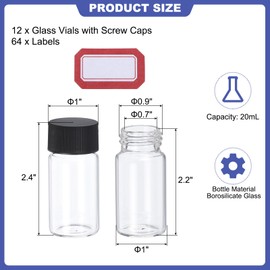 PATIKIL 20ml Clear Glass Vials, 12 Pack Sample Vials with Screw Cap Reagent Media Bottle with Labels Leak-Proof Liquid Sample Glass Vial for Lab Laboratory
