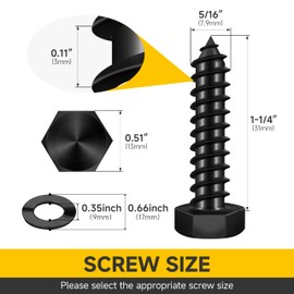 Mywish 20Sets 5/16" x 1-1/4" Lag Bolts, Stainless Steel Heavy Duty Hex Head Lag Screws, Construction Black Lag Screws for Wood Working & Outdoor Use with Washers and Hex Socket Drill Bit