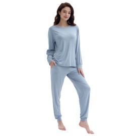 Joyaria Bamboo Viscose Pajamas for Women Long Sleeve Jogger Pjs Ladies Sleepwear(Dusty Blue, XXL)