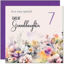 7th Great Granddaughter Birthday Card - Purple Floral Birthday Card for 7 Year old Kids seven, seventh