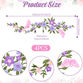 4 Pcs Flower Butterfly Embroidered Patches Long Floral Iron on Patches Floral Applique Wisteria Repair Patch for Clothes Dresses Decorative DIY Craft Sewing