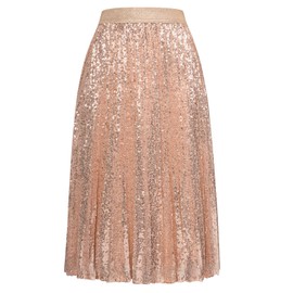 GRACE KARIN Women's A-line Glitter Sequin Skirt with Pleated Midi Skirt, Elegant Festive Pleated Summer Skirt, apricot