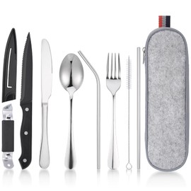 Kssvzz Travel Cutlery Camping Cutlery To Go, 9-Piece Stainless Steel Cutlery with Cutlery Bag, Portable Camping Cutlery for Travel, Camping, On the Go & Outdoor Activities