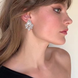 Flyonce Vintage Rhinestone Clip On Stud Earrings for Women, Fancy Crystal Cluster Teardrop Art Deco Non Pierced for Wedding Bridal Brides Clear Silver-Tone