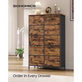 SONGMICS Dresser for Bedroom, Chest of Drawers, Steel, MDF, 10 Non-Woven Fabric Drawers, Storage Organizer Unit, Closet, Entryway, Rustic Brown and Ink Black ULGS125B02S