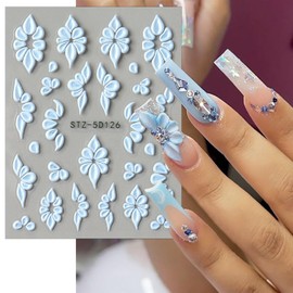 3 Sheets Embossed Flower Nail Stickers for Nail Art White Pink Blue Flower Nail Decals 5D Self-Adhesive Petal Nail Design Decals Spring Summer Nail Art Stickers for Women Acrylic Nail Supplies