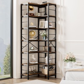 Gujiam 7-Tier Corner Bookshelf, 80" Tall Corner Bookcase,7-Shelf Industrial L-Shaped Coner Shelf with Metal Frame for Home Office,Living Room,Bed Room(Rustic Brown)