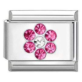Quiges - 9mm Italian Style Charm Link Module Stainless Steel Zirconia Pink Flower for Italian Style Bracelets
