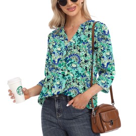 VIISHOW Womens Casual V Neck Rolled Sleeves Floral Printed Chiffon Blouse Top,Green Peacock Tail,Medium