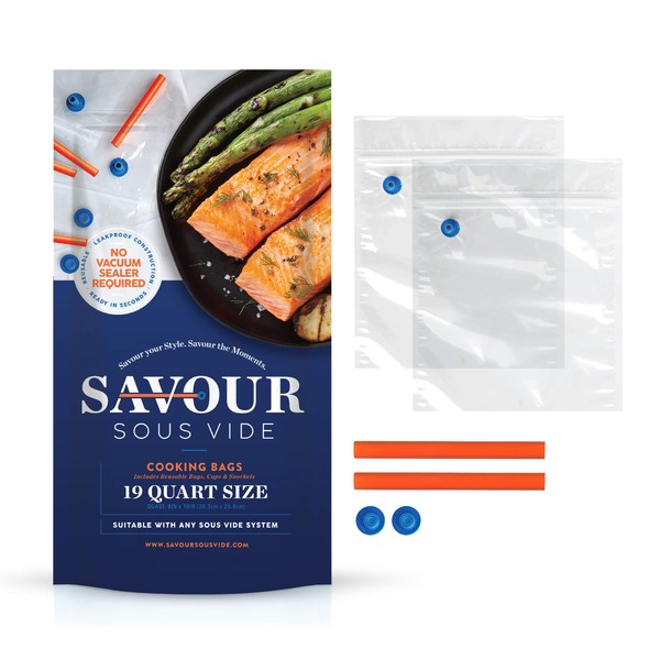 Savour Sous Vide Cooking Bags (19 Count Quart Size), Reusable,
