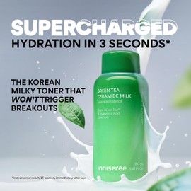 Innisfree Green Tea Ceramide Milk Hydrating Lightweight Milky Toner for all skin types including acne-prone and sensitive skin Available in gift set Style / 여드름성 및 민감성 피부를 포함한 모든 피부 타입을 위한 이니스프리 녹차 세라마이드 밀크 수분 공급 경량 밀키 토너 선물 세트에서 구매 가능 Style