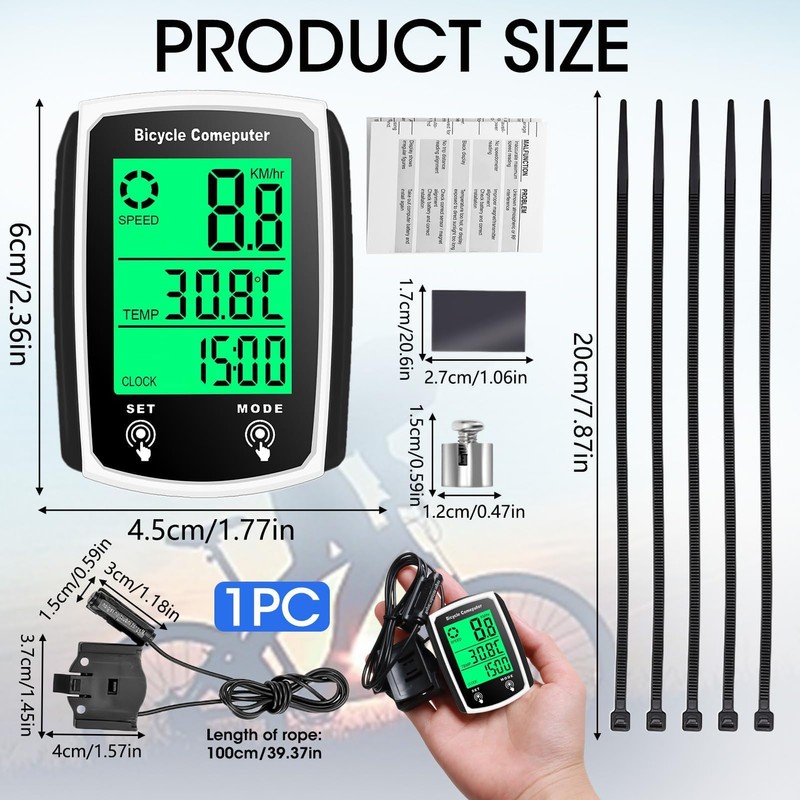 Bike Computer, 19 Functions IP54 Waterproof GPS Speedometer Odometer, Wired