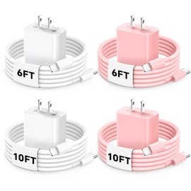 Phone Charger Fast Charging,MFi Certified 4-Pack 20W PD USB C Wall Charger with 2-Pack 6/10FT Fast Charging Type C to Lighting Cable for Phone 14/13/12/Plus/Pro/Pro Max/Mini/Pad, White/Pink