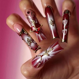 Buy 10 Get 10 Free! [Machine-Made] 24pcs Press-On Nails with Rhinestones & Flowers – French Style Glue-On Nails for Women & Girls Full Cover Shiny Glitter Long Lasting Quality:_M-SQ-NU-002