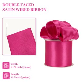 Kryvus Hot Pink Satin Wired Ribbon, 1.5 inch X Continous 10 Yards Luxury Double Faced Satin Wire Edge Ribbon for Gift Wrapping, Wreaths, Flower Bouquet, Wedding Decorations, Home Decor