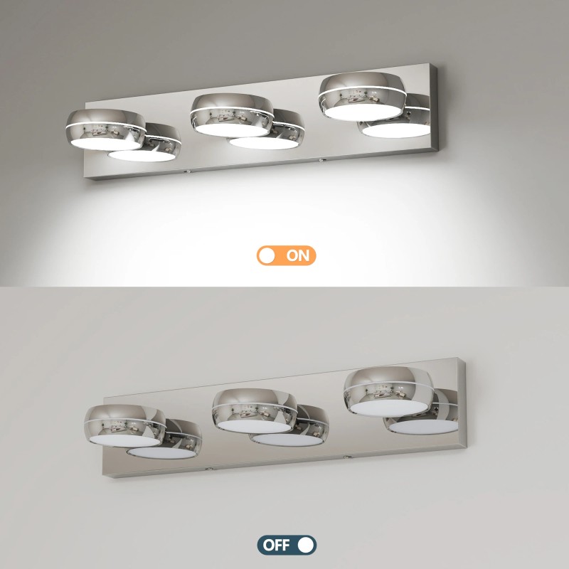 Modern Chrome LED Bathroom Vanity Light Fixtures, 3-Light Dimmable Wall