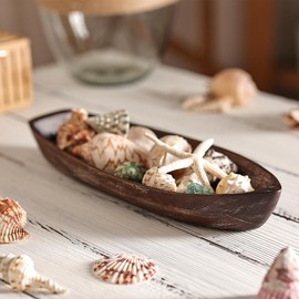 CAMLOT Rustic Wooden Serving Tray, Boat Shape Decorative Tray Vintage Centerpiece, Farmhouse Rustic Trays, Key Tray, Decorative Platter for Countertop Home Decorations- Distressed Brown。(Size M)