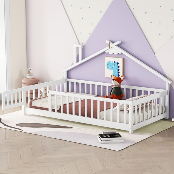 Linique Twin Size House-Shaped Bedside Floor Bed with Guardrails,Slats,with Door,Mattress