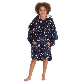 WS-AW23 Kids Girls Oversized Hoodie Blanket Sherpa Fleece Lined Hood Long Sleeved Giant Lounge Hoody Top Celestial Stars Blue One Size