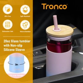 Tronco 20 oz Glass Tumbler with Straw and Bamboo Lid, Reusable Iced Coffee Cup, Smoothie Cup, Glass Water Bottle with Silicone Sleeve - BPA Free, Gift for Women, Birthdays, Graduations