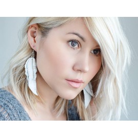 White Leather Feather Earrings, layered earrings, tribal Earrings, Boho earrings, dangle earrings, long earrings