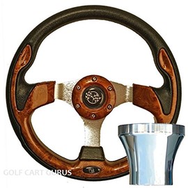 Ultimate Golf CART Woodgrain Steering Wheel W/Choice of Black OR Chrome Adapter for EZGO TXT