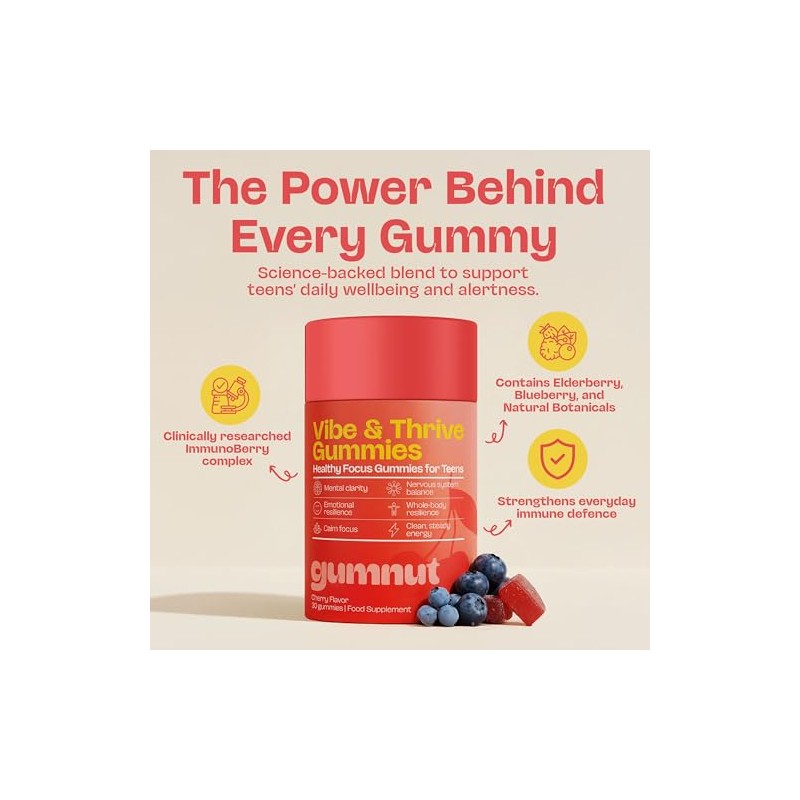 Gumnut Vibe & Thrive Teen Focus Gummies, Cherry, 30 Count