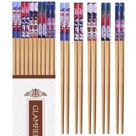 10-Pairs Bamboo Chopsticks, GLAMFIELDS Reusable Chopsticks Set Classic Natural Bamboo Chop Sticks Dishwasher Safe 9 1/2 Inches (Cute Cat Drawing)