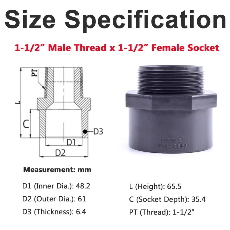 UPVC Pipe Threaded Connector, Industrial Grade ANSI SCH80 Gray U-PVC
